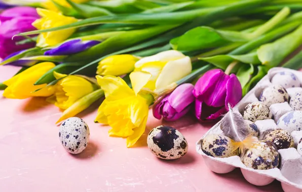 Picture flowers, eggs, colorful, Easter, tulips, happy, flowers, tulips, Easter, eggs