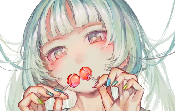Picture face, girl, blue hair, yummy, manicure, sweet tooth, big eyes, bangs, Lollipop