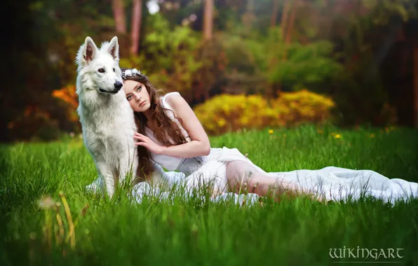 Picture grass, girl, nature, pose, style, dog, makeup, costume, outfit, image, sitting, in white, cosplay, Wikingart, …