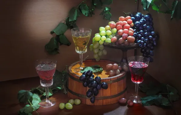 Picture leaves, berries, glasses, grapes, drinks, bunches, Sergey Pounder