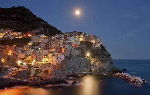 Picture sea, water, mountains, night, the moon, Italy, moon, sea, Italy, water, night, mountain, Italia, town, …