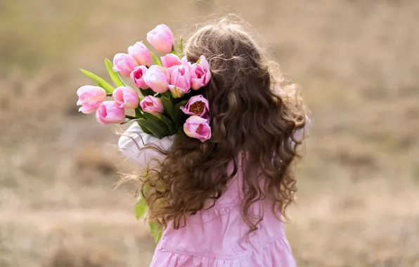 Picture HAIR, DRESS, FLOWERS, GIRL, PINK, TULIPS, CURLS, SUNDRESS
