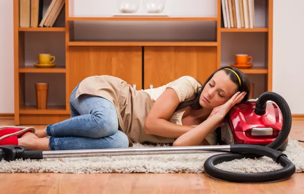Picture woman, cleaning, fatigue, vacuum cleaner