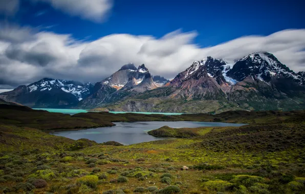 Picture clouds, snow, mountains, lake, blue, shore, vegetation, the slopes, tops, Andes, South America, Patagonia