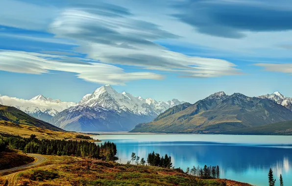 Picture road, mountains, lake, New Zealand, New Zealand