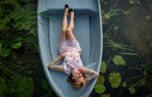 Picture girl, nature, pose, boat, dress, pond, Victoria_Borodinova