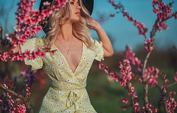 Picture girl, branches, nature, pose, hat, dress, blonde, flowering, Gregory Levin