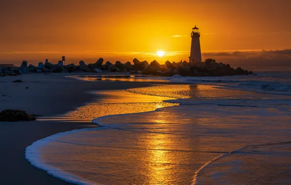 Picture sea, the sky, the sun, dawn, shore, lighthouse, horizon, Santa Cruz, SeaBright State Beach