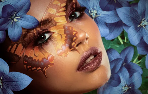 Picture look, girl, flowers, face, butterfly, portrait, beauty, makeup, image, blue