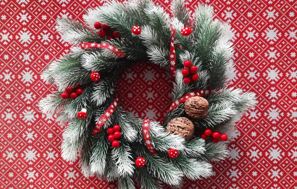 Picture branches, berries, holiday, pattern, Christmas, New year, nuts, needles, wreath, Christmas decorations, composition, новогодние декорации