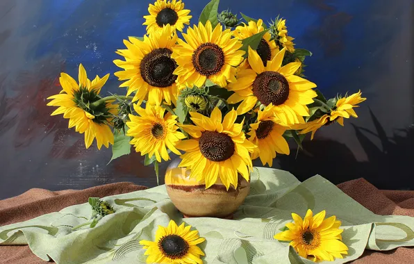 Picture sunflowers, flowers, bouquet, vase, napkin