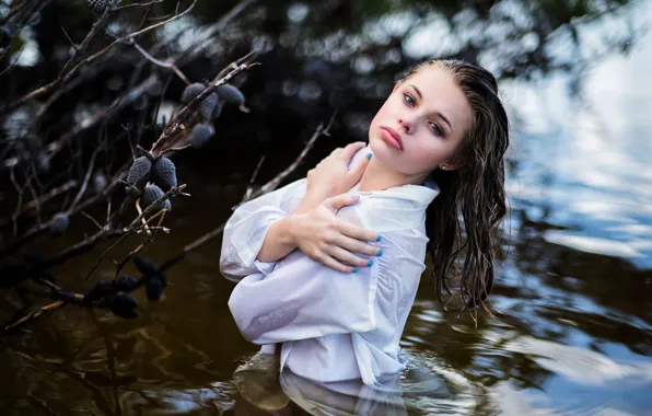 Picture water, girl, pose, mood, hair, the situation, wet, hands, blouse, manicure, Christopher Rankin