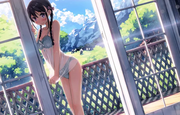 Picture braids, underwear, veranda, embarrassment, mountain landscape, Sunny morning, a herd of cows, modest girl, by …