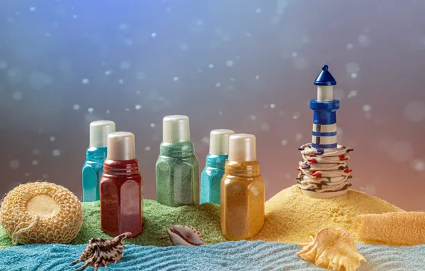 Picture background, lighthouse, jars, shell, green, colorful, yellow, blue, Spa, composition, bottle, washcloth, sea salt, соль …