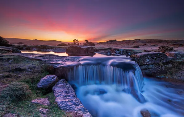 Picture sunset, stones, waterfall
