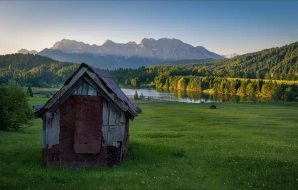 Picture mountains, lake, meadow, shed