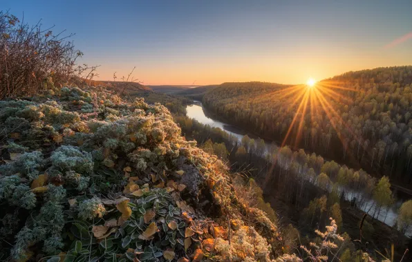 Picture frost, autumn, the sun, rays, landscape, nature, river, hills, morning, forest, freezing, Ural, Perm Krai, …
