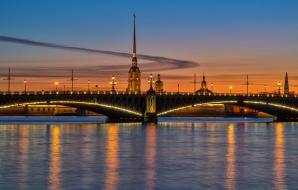 Picture Saint Petersburg, Peter and Paul fortress, Neva, evening city, Троицкий мост