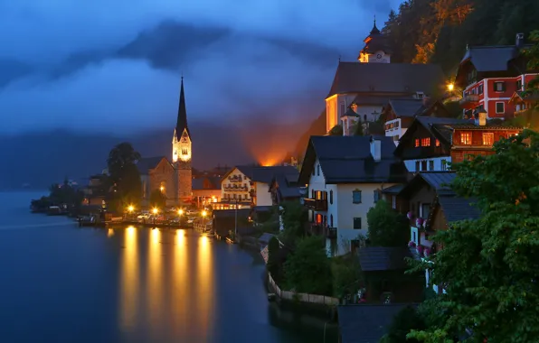 Picture night, fog, lake, tower, home, Austria, lighting, lights, town, Hallstatt, Hallstatt, community