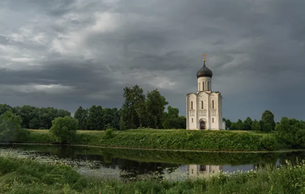 Picture landscape, clouds, nature, river, Church, Bogolyubovo, Nerl