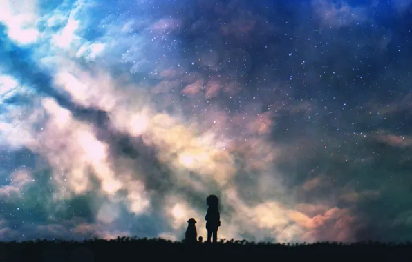 Picture the sky, grass, night, children, the milky way