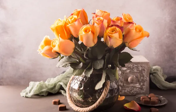 Picture roses, bouquet, yellow, vase, vintage, Iryna Melnyk