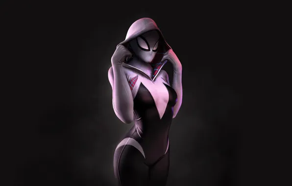 Picture girl, fiction, cartoon, art, costume, hood, black background, comic, Spider-Gwen, Spider-man: universes, Spider-Man: Into the …