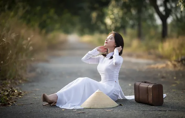 Picture girl, nature, suitcase, Asian