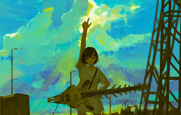 Picture the sky, girl, guitar, skeleton, by XilmO