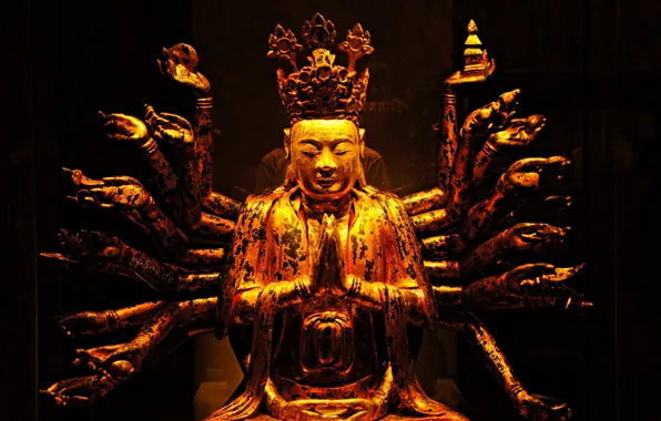 Picture statue, religion, Buddha, gold, Shiva, восьмирукий
