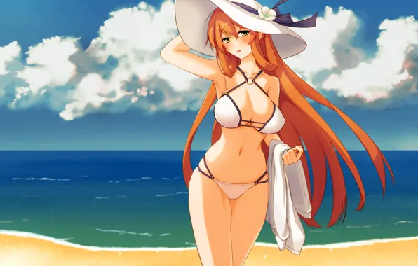 Picture girl, sexy, cleavage, beach, long hair, sea, boobs, anime, beautiful, clouds, pretty, redhead, erotic, breasts, …