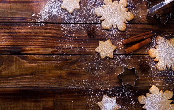 Picture stars, snowflakes, holiday, Board, cookies, Christmas, New year, cinnamon, cakes, home, powdered sugar, wooden background, …