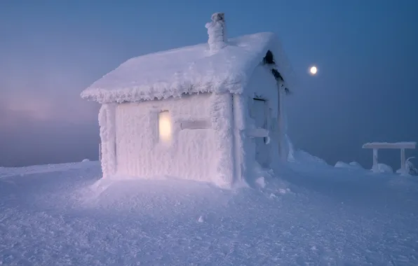 Picture winter, snow, landscape, nature, house, the moon, morning, Lapland, Andrey Bazanov