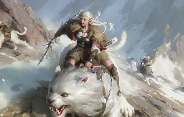 Picture snow, mountains, warrior, beast, Clash Of Wonders