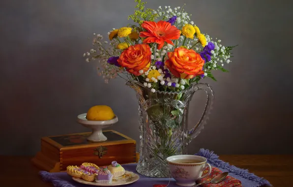 Picture lemon, tea, roses, bouquet, cakes