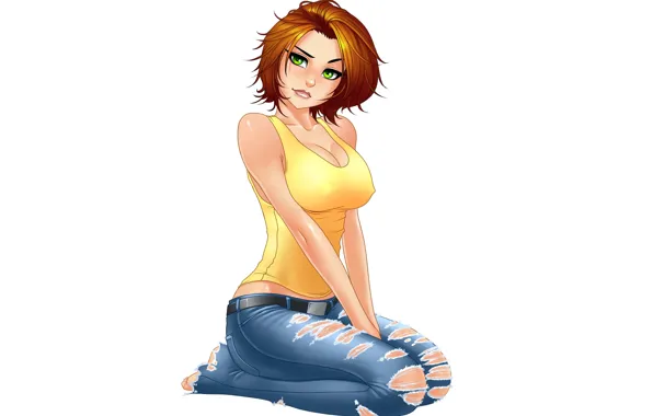 Picture Girl, cleavage, green eyes, minimalism, breast, barefoot, jeans, face, redhead, digital art, artwork, chest, feet, …