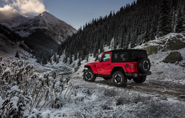 Picture snow, mountains, red, vegetation, 2018, Jeep, Wrangler Rubicon