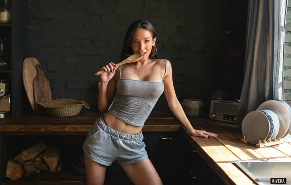 Picture look, sexy, pose, model, shorts, portrait, makeup, Mike, figure, brunette, hairstyle, kitchen, spoon, is, window, …