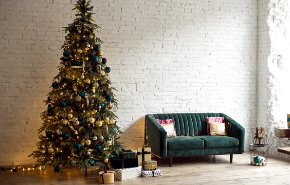 Picture sofa, tree, interior, gifts, New year, garland