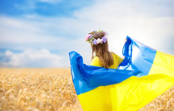 Picture Field, Flag, Child, Girl, Wheat, Ukraine, Back