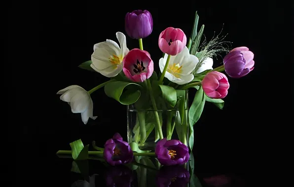 Picture flowers, bouquet, tulips, vase, black background