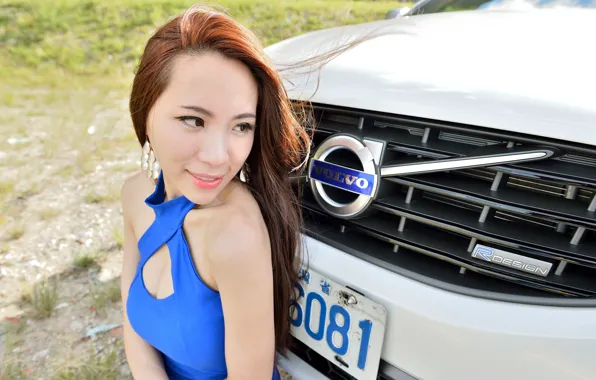 Picture look, Girls, Asian, beautiful girl, white car, Volvo XC60, posing on the car