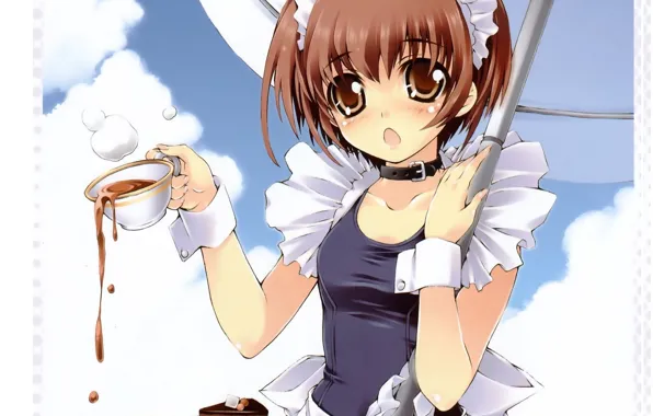 Picture umbrella, the maid, apron, blue sky, bezel, cuff, a Cup of coffee, chalker, cake, by …