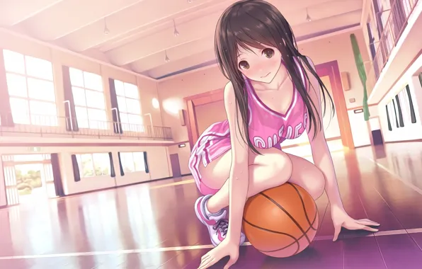 Picture shorts, blush, schoolgirl, long hair, on the floor, squat, basketball, sports uniforms, gym