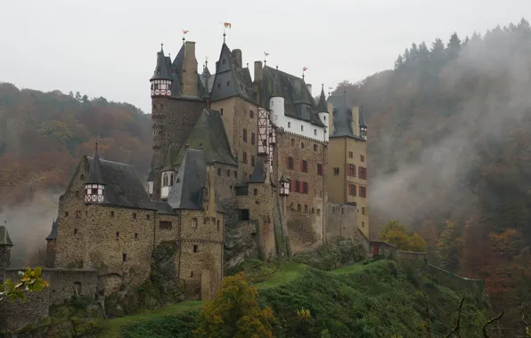 Picture the sky, trees, fog, Germany, Germany, ELTZ castle, medieval architecture, Elz Castle