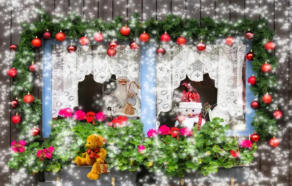 Picture winter, balls, snow, flowers, holiday, collage, balls, toy, toys, Board, photoshop, treatment, bear, window, Christmas, …