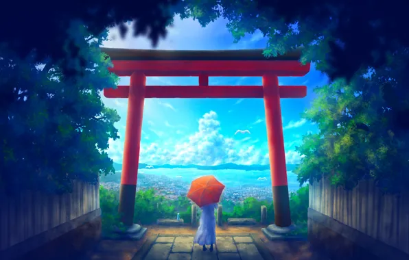 Picture girl, the city, umbrella, torii