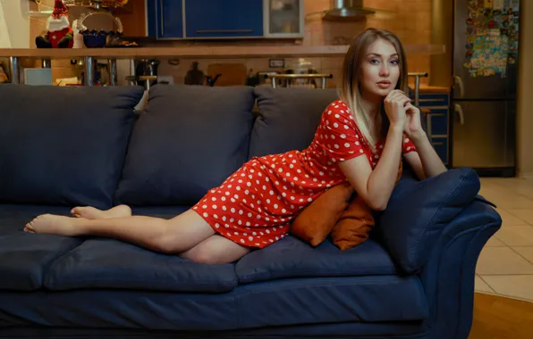 Picture look, girl, pose, sofa, polka dot, hands, dress, legs, Andrei Filonenko