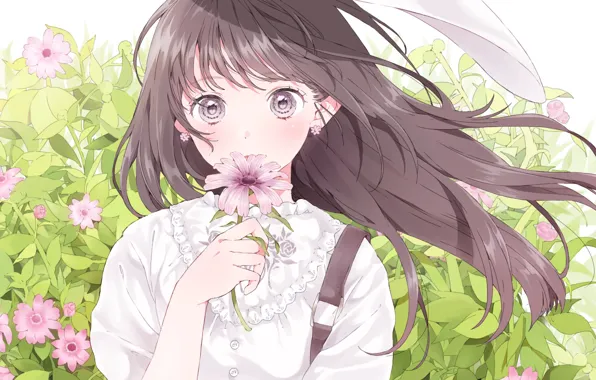 Picture face, girl, vacation, long hair, art, big eyes, cosmos, white blouse, flower in hand, Ashizuko