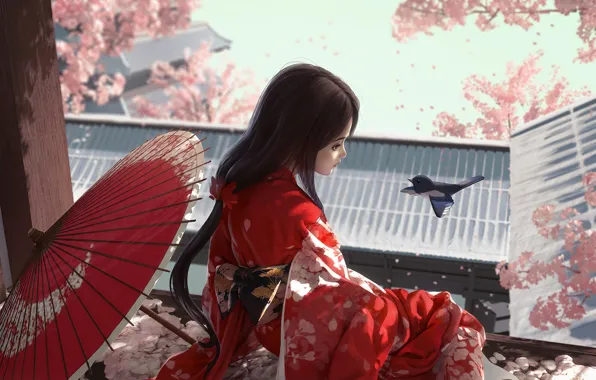 Picture Japan, girl, kimono, bird, long hair, on the roof, cherry blossoms, red umbrella, the cherry …